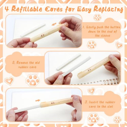 Retractable Cat Paw Erasers 4 Pcs with Refillable Rubbers Slim Erasers for Precise Erasing (4 Count)