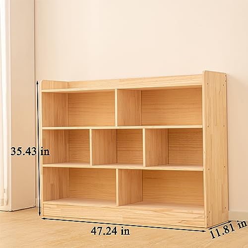 Wooden 7 Compartment Storage Cabinet Organizer Kids 3 Tier Wood Bookshelf School Storage Shelf Classroom Furniture for Kids Natural