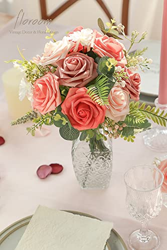 Artificial Flowers 25pcs Real Looking Coral Ombre Colors Foam Fake Roses with Stems for DIY Wedding Bouquets Bridal Shower Centerpieces Floral Arrangements Party Tables Home Decorations (25 Count)