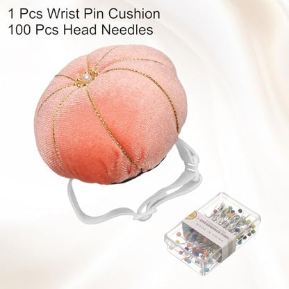 Wrist Pin Cushion Wristband Sewing Pincushion Polyester Pin Holder Wearable Pumpkin Shaped Needles Wristband with 100 Head Needles for Sewing Quilting DIY Crafts