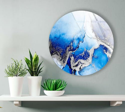 10''(25cm) Diameter Blue Marble Round with Silver Details Glass Wall Art Tempered Glass Printing Wall Decor Large Wall Art Wall Hangings