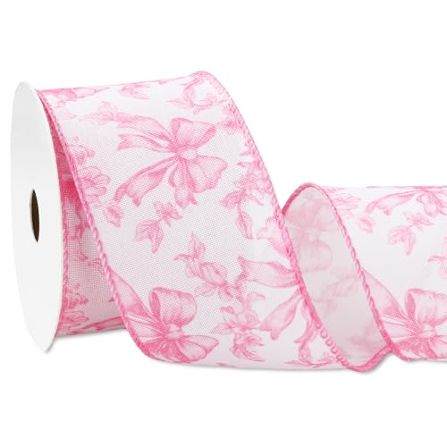 Pink Floral Bow Wired Edge Ribbon Chinoiserie Flower Bowknot Fabric Ribbon for DIY Crafts Wreath Bow Making Supplies