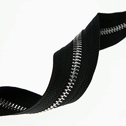 5 Metal Zippers by The Yard Bulk 2 Yards Black Tape with 10 pcs Sliders Silver Teeth Handmade Zipper for Sewing Craft Bag Backpack
