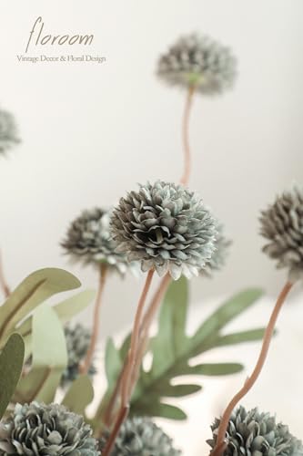 5pcs Dusty Sage Green Faux Silk Mums Artificial Flowers (25 Count)