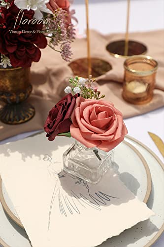 Artificial Flowers 50pcs Real Looking Burgundy & Pinky Cedar Foam Fake Roses with Stems for DIY Wedding Bouquets Bridal Shower Centerpieces Floral Arrangements Party Tables Home Decorations (50 Count)