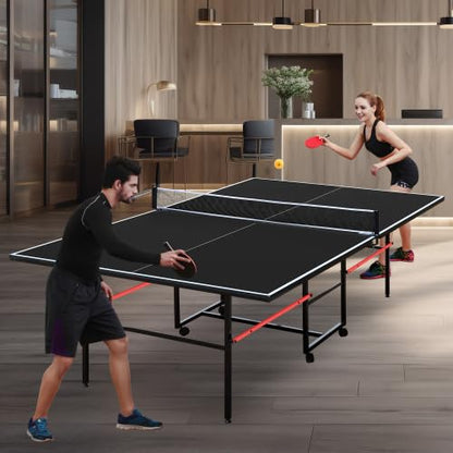 6FT/8FT/9FT Mid-Size Table Tennis Table Ping-Pong Table Set Foldable & Portable Table Indoor Outdoor for Family Game (Black, 9FT)