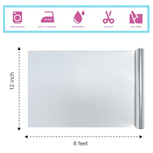 Metallic Silver Foil Heat Transfer Vinyl 12Inch*6Ft Bundle Chrome HTV in Vibrant Colors for Stunning T