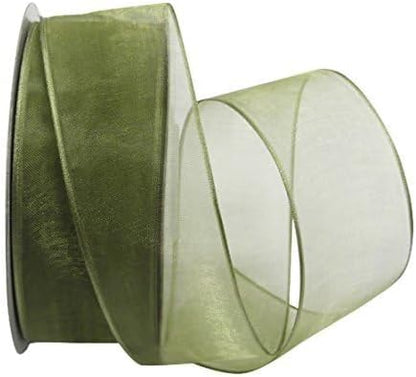 Ribbon Bazaar Sheer Organza Wired Ribbon - 100% Polyester Wire Edged Ribbon for Floral Decor, Table Arrangements, Apparel Embellishment & More - 1-1/2" Moss 25yd - Crafty Corner