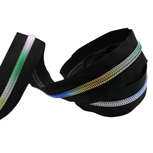 5 Rainbow Metallic Nylon Coil Zippers by The Yard Bulk 10 Yards Black Zipper Tape with 25pcs Silver Sliders for DIY Sewing Tailor Craft Bag