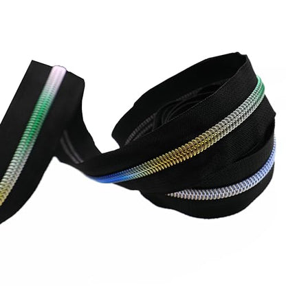 5 Rainbow Metallic Nylon Coil Zippers by The Yard Bulk 10 Yards Black Zipper Tape with 25pcs Silver Sliders for DIY Sewing Tailor Craft Bag