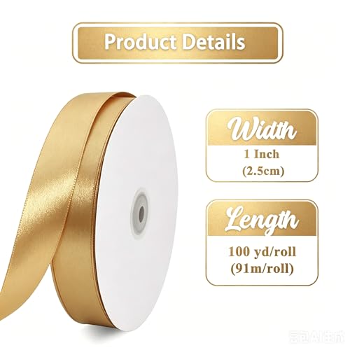 1 Inch x 100yds Gold Satin Ribbon for Christmas Craft Gift Wrapping