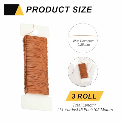 114 Yards 345 Feet 27 Gauge Metal Floral Wire Copper Flexible Paddle Thin Floral Wires for Craft (3 Count)
