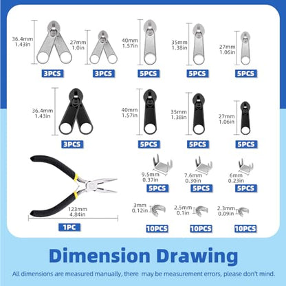 85pcs #3 #5 #8 Zipper Repair Kit Includes 39pcs Metal Zipper Sliders