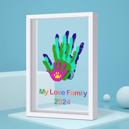 Family Handprint Kit DIY Craft Keepsake Wooden Frame Non Toxic Paints Transparent Sheets Perfect for Handprints Prints and Footprints Endless Present Set for New Parents and Family Memories