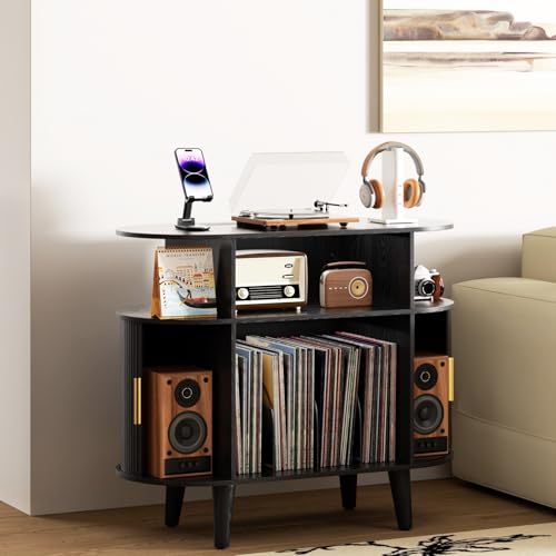 Large Round Record Player Stand with Charging Station & USB Ports