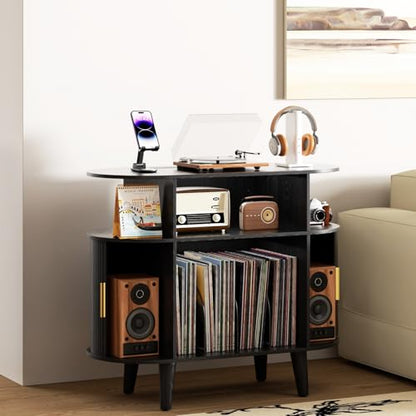 Large Round Record Player Stand with Charging Station & USB Ports