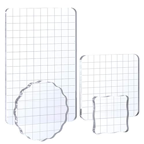 Large Acrylic Stamp Block Clear Stamping Tools Set with Grid Lines for Art Crafts Scrapbooking (4 Count)