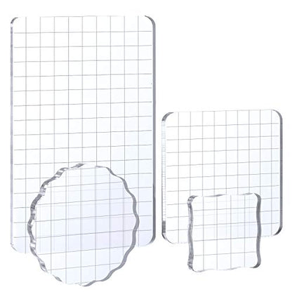 Large Acrylic Stamp Block Clear Stamping Tools Set with Grid Lines for Art Crafts Scrapbooking (4 Count)