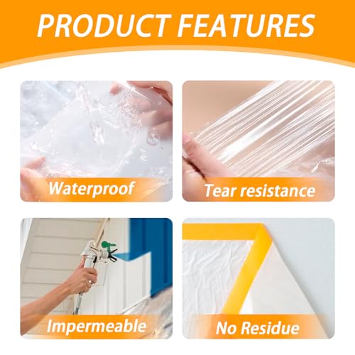 Pre Taped Masking Film for Painting 59inx65ft Plastic Painters Sheeting Tape and Drape Painters Paper Rolls for Automotive Painting Covering (6 Count)