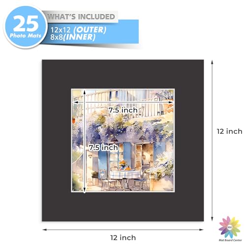 Mat Board Center 25 Pack 12x12 Picture Mat for 8x8 Photo Black