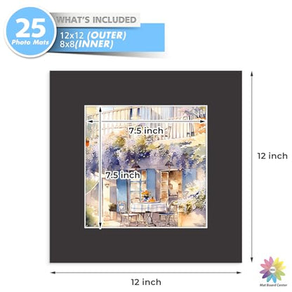 Mat Board Center 25 Pack 12x12 Picture Mat for 8x8 Photo Black