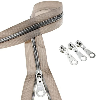 5 Silver Teeth Metallic Nylon Coil Zippers by The Yard Bulk 10 Yards Beige Zipper Tape with 25pcs Silver Sliders for DIY Sewing Tailor Craft Bag Luggage Sofa Zipper