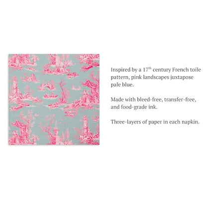 3ply) 60ct Pink Toile Paper Napkins Vintage Cocktail Napkins for Girl or Boy Baby Shower, French Pink and Blue Toile Napkin Pack for decoupage, baby shower (60 Count)