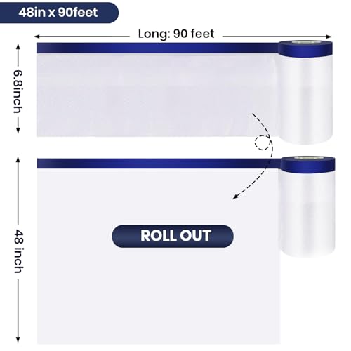 ADHES Painters Plastic with Tape 48 inch x 90 feet x 3 Rolls (270 Foot)