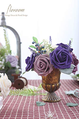Artificial Flowers 50pcs Real Looking Dark Purple Foam Fake Roses with Stems for DIY Wedding Bouquets Bridal Shower Centerpieces Floral Arrangements Party Tables Home Decorations (50 Count)
