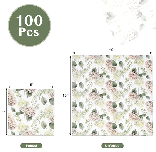 100 Pcs Hydrangea Scatter Floral Cocktail Beverage Napkins Hydrangeas Flowers Disposable Paper Dessert Napkin for Spring Summer Birthday Party Supplies (100 Count)