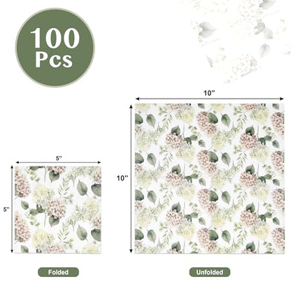 100 Pcs Hydrangea Scatter Floral Cocktail Beverage Napkins Hydrangeas Flowers Disposable Paper Dessert Napkin for Spring Summer Birthday Party Supplies (100 Count)