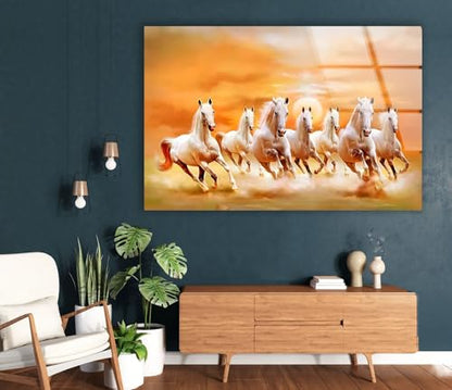43Wx27H'' White Horses Running on Sunset Glass Wall ArtTempered Glass Printing Wall Decor Large Wall Art Wall Hangings