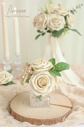 Artificial Flowers 25pcs Real Looking Beige Foam Fake Roses with Stems for DIY Wedding Bouquets Bridal Shower Centerpieces Floral Arrangements Party Tables Home Decorations (25 Count)