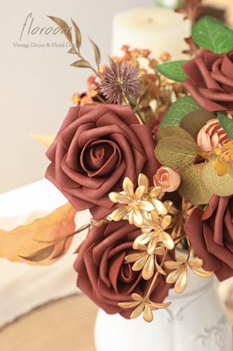 Artificial Flowers 25pcs Real Looking Terracotta Foam Fake Roses with Stems for DIY Wedding Bouquets Bridal Shower Centerpieces Floral Arrangements Party Tables Home Decorations (25 Count)
