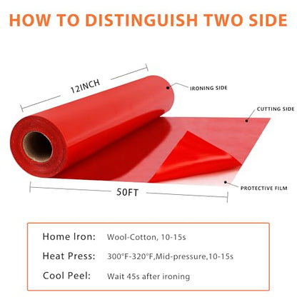 RENLITONG Red Iron on Vinyl 12Inch by 50ft Roll Heat Transfer Vinyl for T