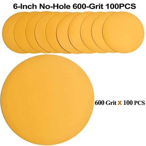 6-Inch No-Hole Hook and Loop Gold Sanding Discs 600-Grit, 100-Pack (100 Count)