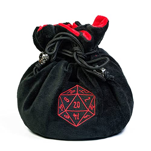 Large Dice Bags with Pockets Black Storage Bag with Drawstrings D20 Logo for DND RPG Game Dices (4.64 Ounce)