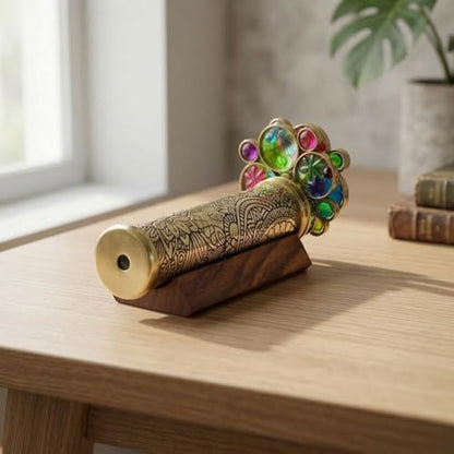 Handcrafted Etched Floral Pattern Lacquered Brass Kaleidoscope Includes Two Separate Turning Wheels