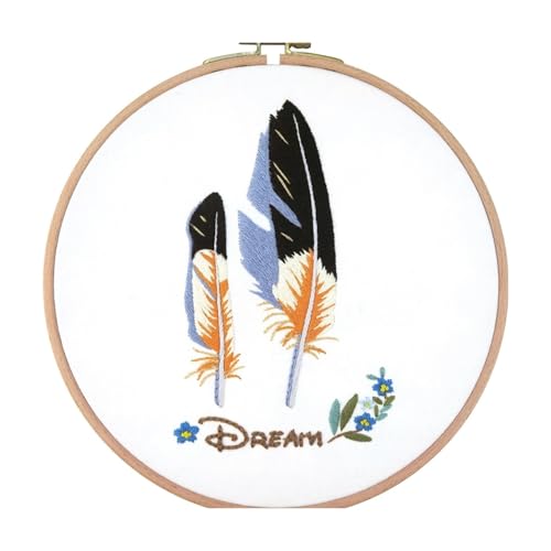 Embroidery Starter Kit Stamped with Pattern Feather Dream with Base and Hoops Cloth Color Threads DIY Cross Stitch Needlework Home Decor Crafts for Adults