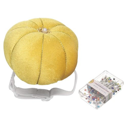 Wrist Pin Cushion Wristband Sewing Pincushion Polyester Pin Holder Wearable Pumpkin Shaped Needles Wristband with 100 Head Needles for Sewing Quilting DIY Crafts