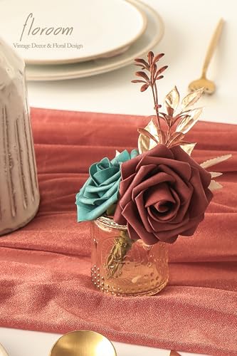 Artificial Flowers 25pcs Real Looking Teal Green Terracotta Ombre Colors Foam Fake Roses with Stems for DIY Wedding Bouquets Bridal Shower Centerpieces Floral Arrangements Tables Decoration (25 Count)