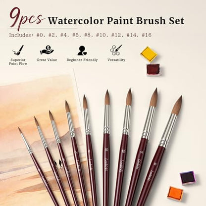 Sable Hair Watercolor Brushes Professional (9 Count)