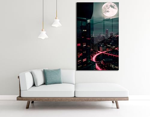 Moon And City Glass Wall Art Painting for Living Room