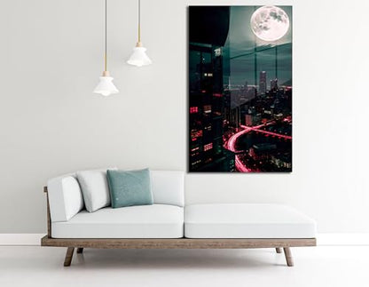 Moon And City Glass Wall Art Painting for Living Room