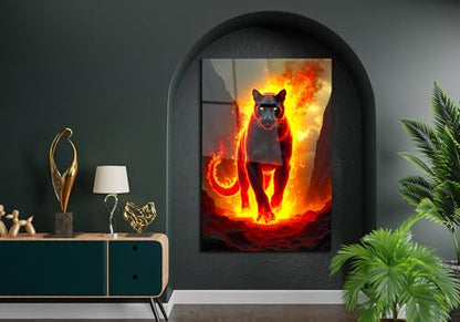Fiery Black Panther Glass Wall Art Painting for Living Room