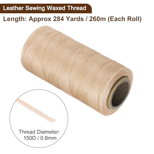 150D 0.8mm Flat Waxed Thread 284 Yards Polyester Leather Sewing Waxed String Hand Stitching Waxed Cord for Leather Stitching Sewing Bookbinding DIY Craft Light Beige