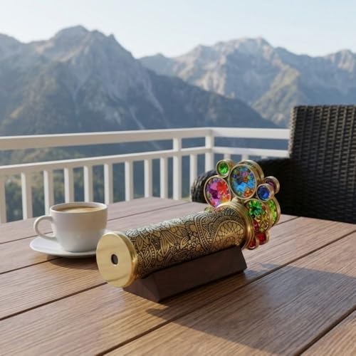 Handcrafted Etched Floral Pattern Lacquered Brass Kaleidoscope Includes Two Separate Turning Wheels