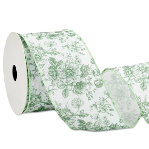 Floral Wired Edge Ribbon Roll Green Flower Chinoiserie Fabric Ribbon for Wreath Bow Making DIY Crafts Gift Wrapping