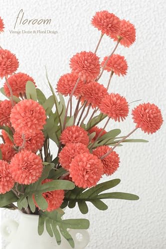 5pcs Coral Orange Faux Silk Mums Artificial Flowers (25 Count)