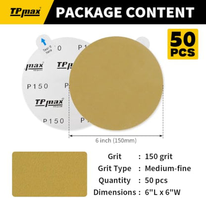 6-Inch 150-Grit Gold PSA Sanding Discs, 50 Pack – Pro-Grade Self-Adhesive Stickyback Sandpaper with Quick-Release Tabs for DA Sander, Medium-Fine Automotive/Wood/Metal Sanding (50 Count)